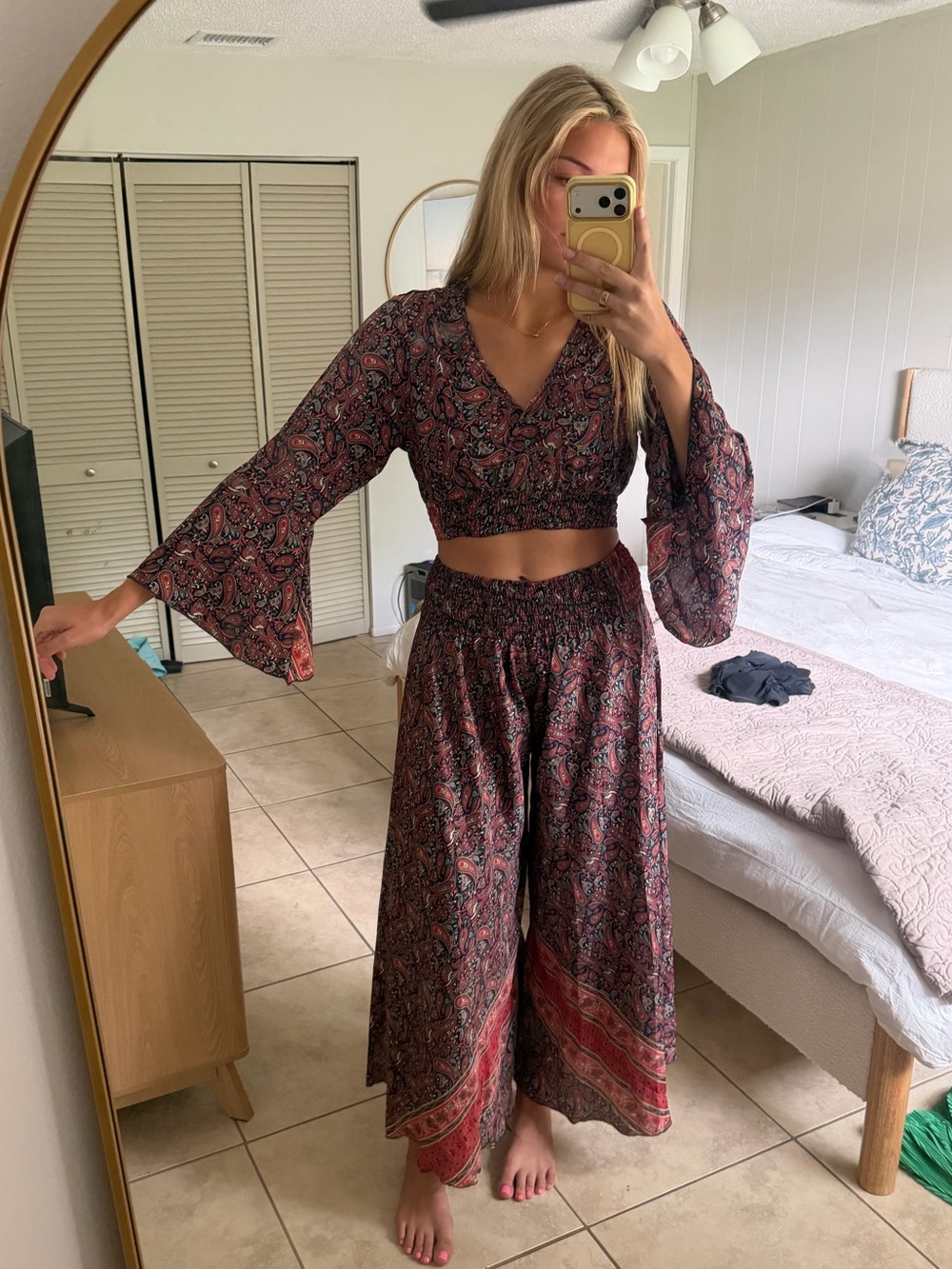 Boho Paisley Red-Burgundy Wide Leg pants and shirt set